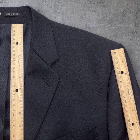 ALFANI Men’s 2-Piece Suit 44L Blazer 38x32 Pants Navy Blue Striped Virgin Wool - Picture 10 of 16